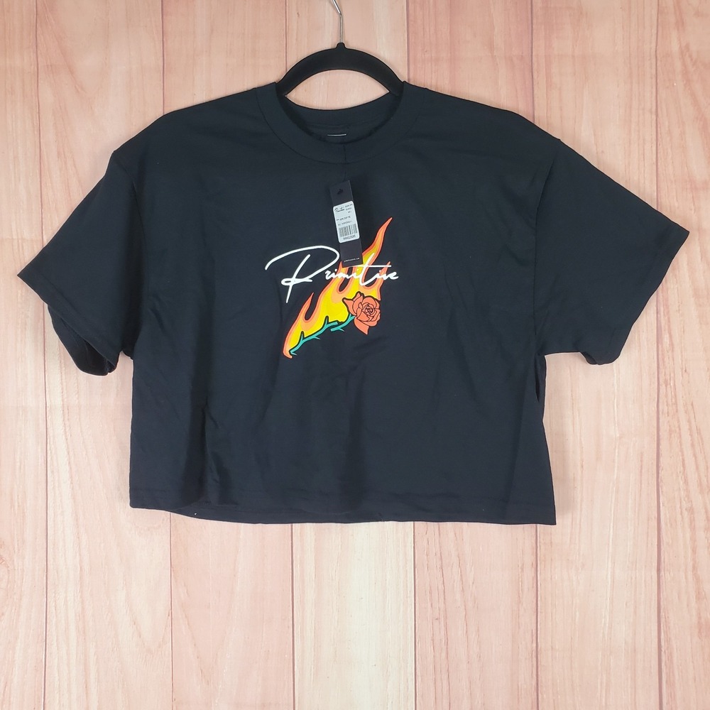Primitive Skateboarding Cropped T‎ Shirt Womens Large Black Graphic Rose Flame